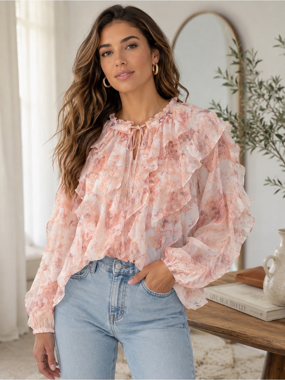 Blush Pink Floral Ruffle Long Sleeve Romantic Blouse